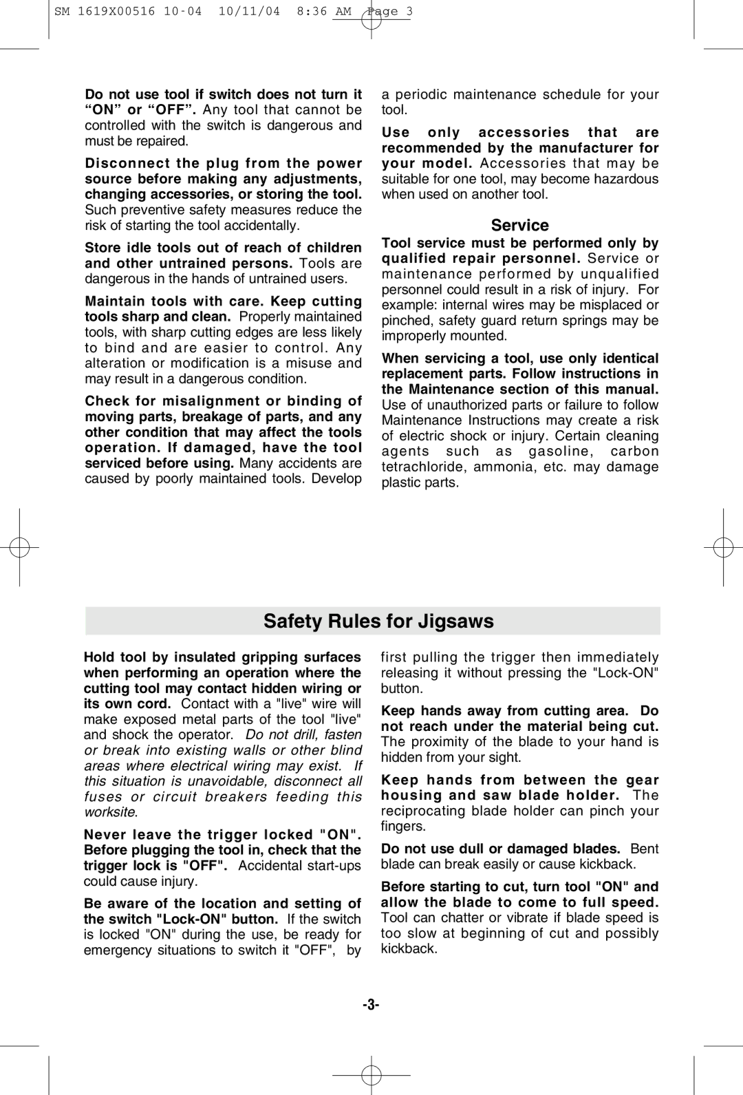 Skil 4485 manual Safety Rules for Jigsaws, Service 