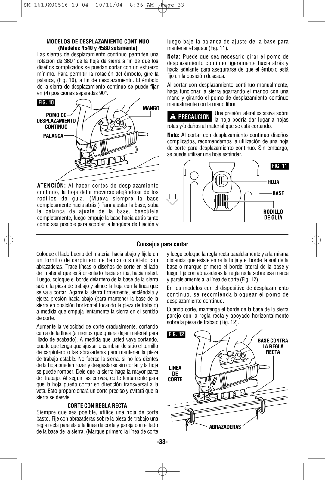 Skil 4485 manual Medelos 4540 y 4580 solamente, Corte CON Regla Recta 