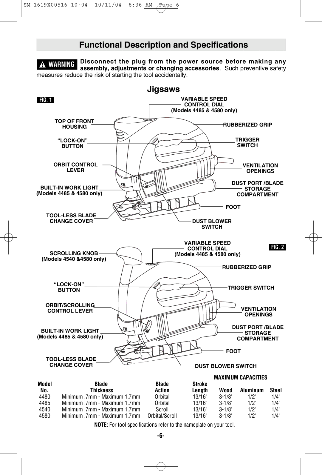 Skil 4485 manual Functional Description and Specifications, Jigsaws, Stroke, Length Wood 