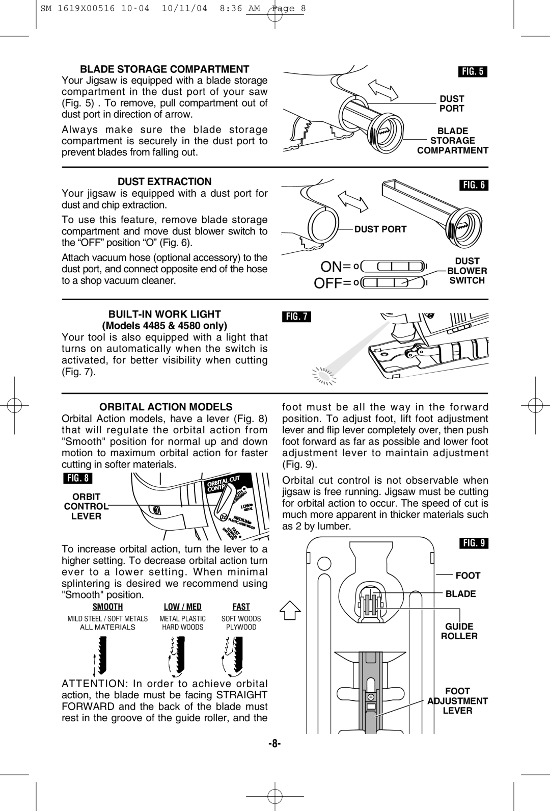 Skil 4485 manual Blade Storage Compartment, Dust Extraction, BUILT-IN Work Light 