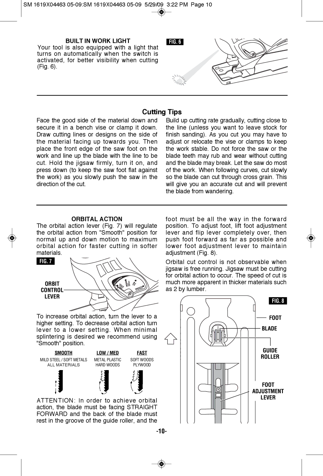 Skil 4570 manual Cutting Tips, Orbital Action, Orbit Control Lever, Foot Blade Guide Roller Adjustment Lever 