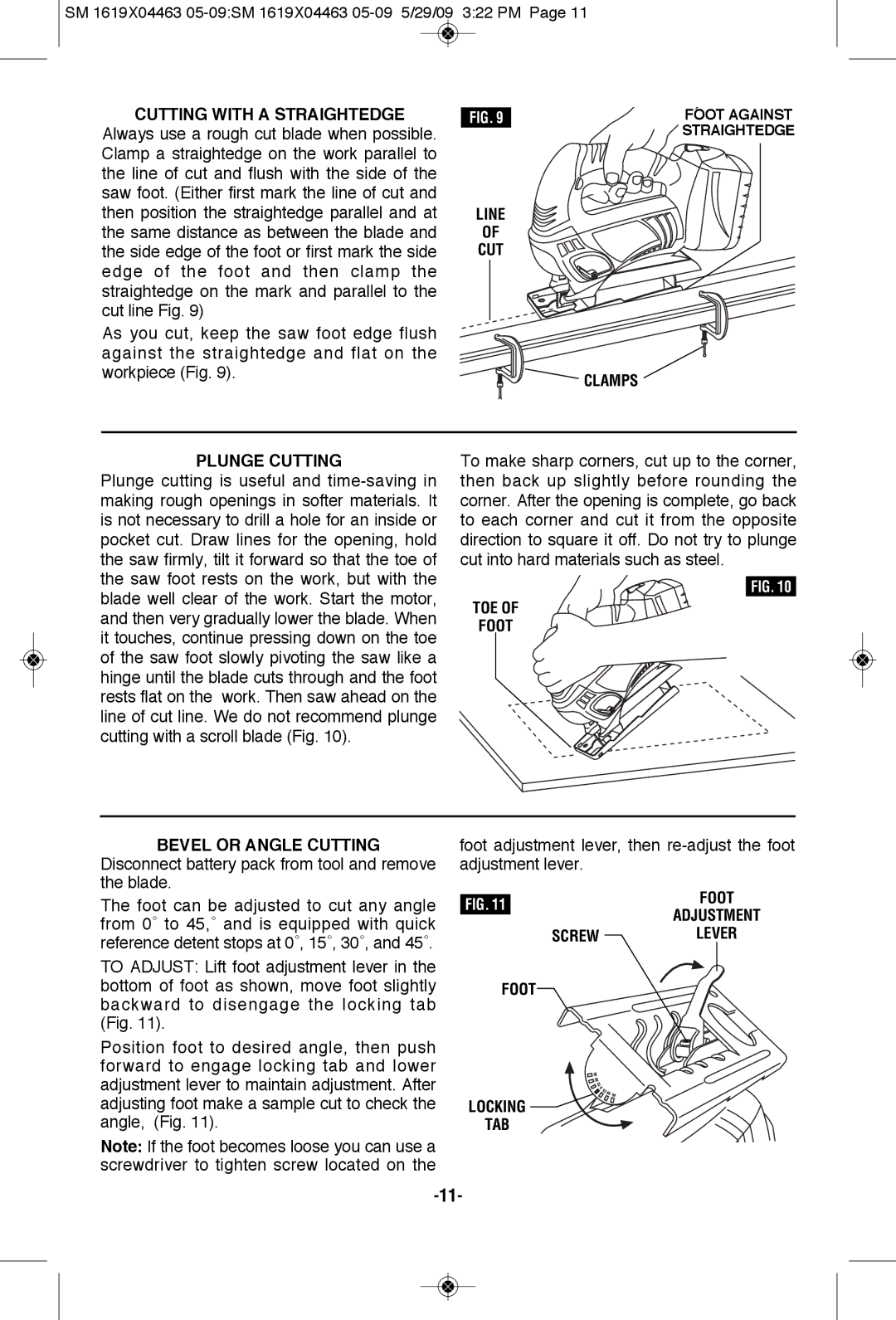 Skil 4570 manual Cutting with a Straightedge, Line CUT Clamps Plunge Cutting, Bevel or Angle Cutting, Screw 