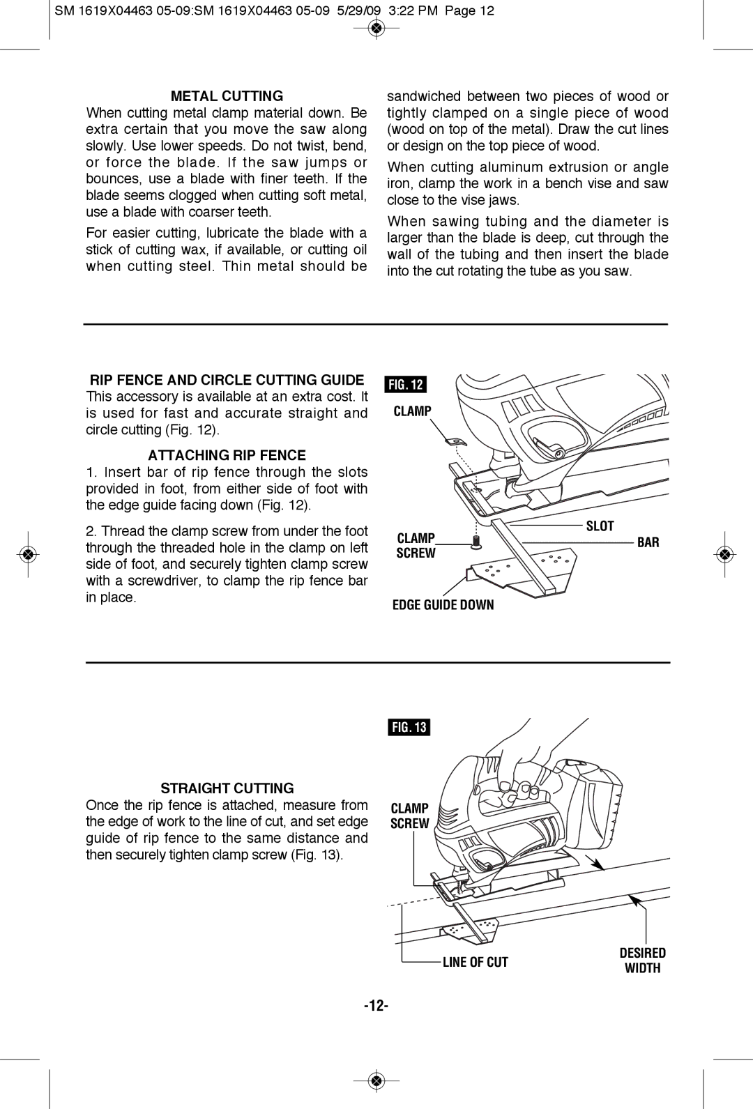 Skil 4570 manual Metal Cutting, RIP Fence and Circle Cutting Guide, Attaching RIP Fence, Clamp Slot, Line of CUT 