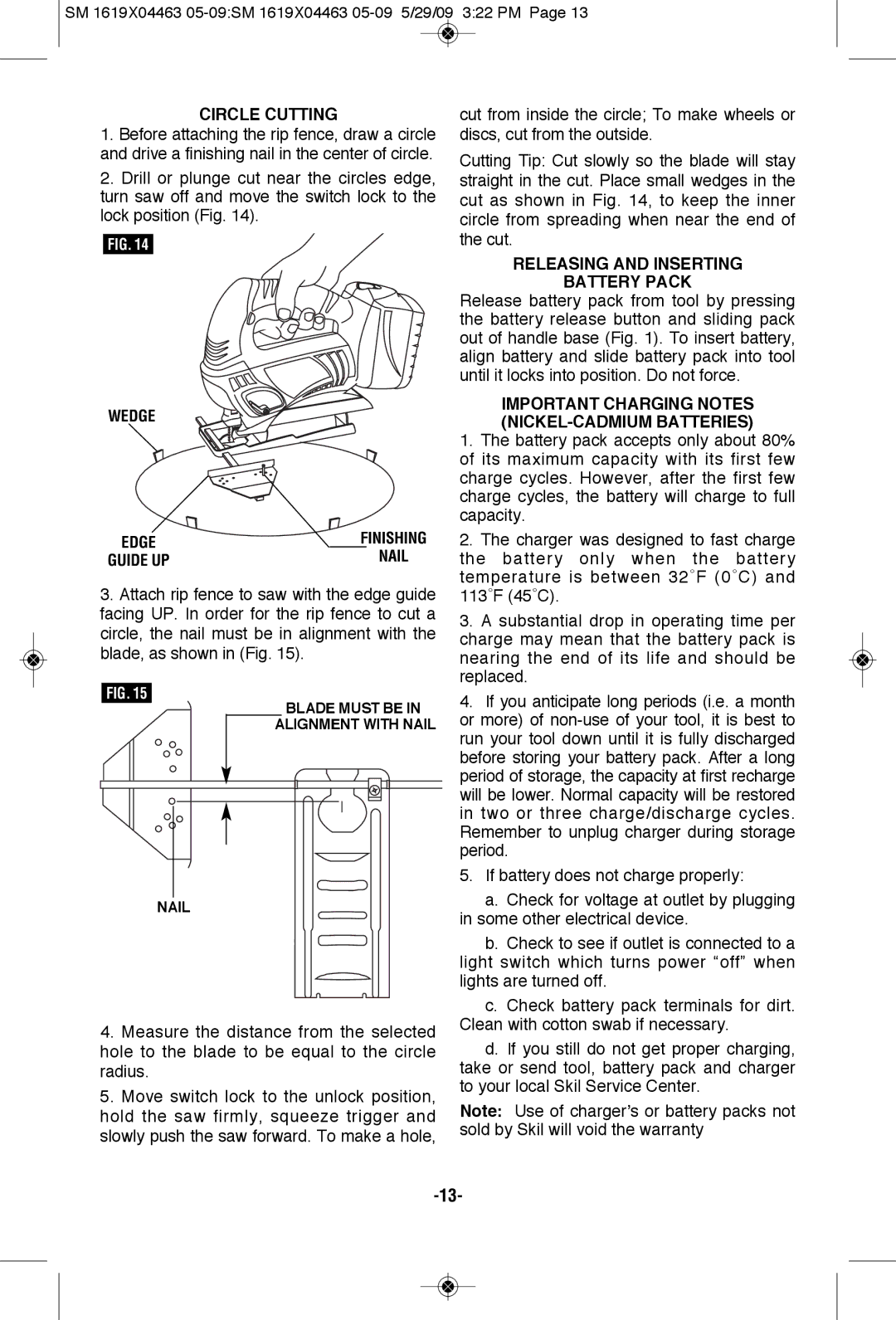 Skil 4570 manual Circle Cutting, Wedge, Releasing and Inserting, Important Charging Notes NICKEL-CADMIUM Batteries 