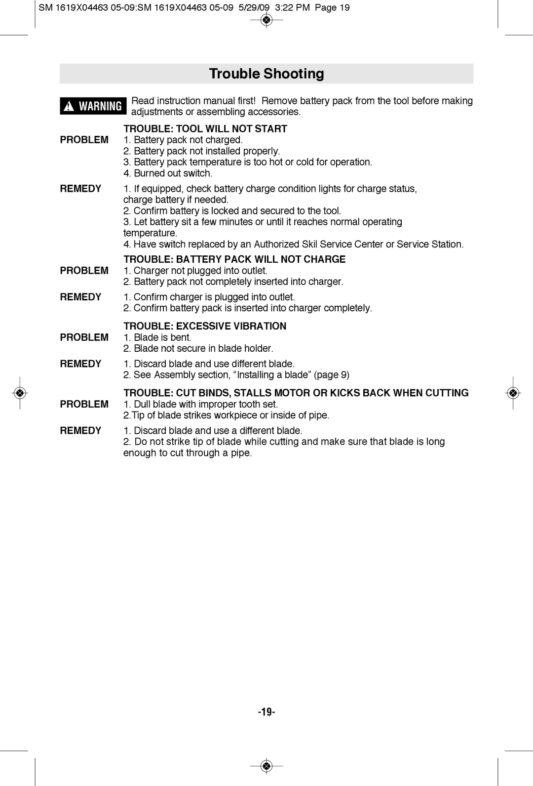 Skil 4570 manual Trouble Shooting, Problem Trouble Tool will not Start, Trouble BATTERy Pack will not Charge 