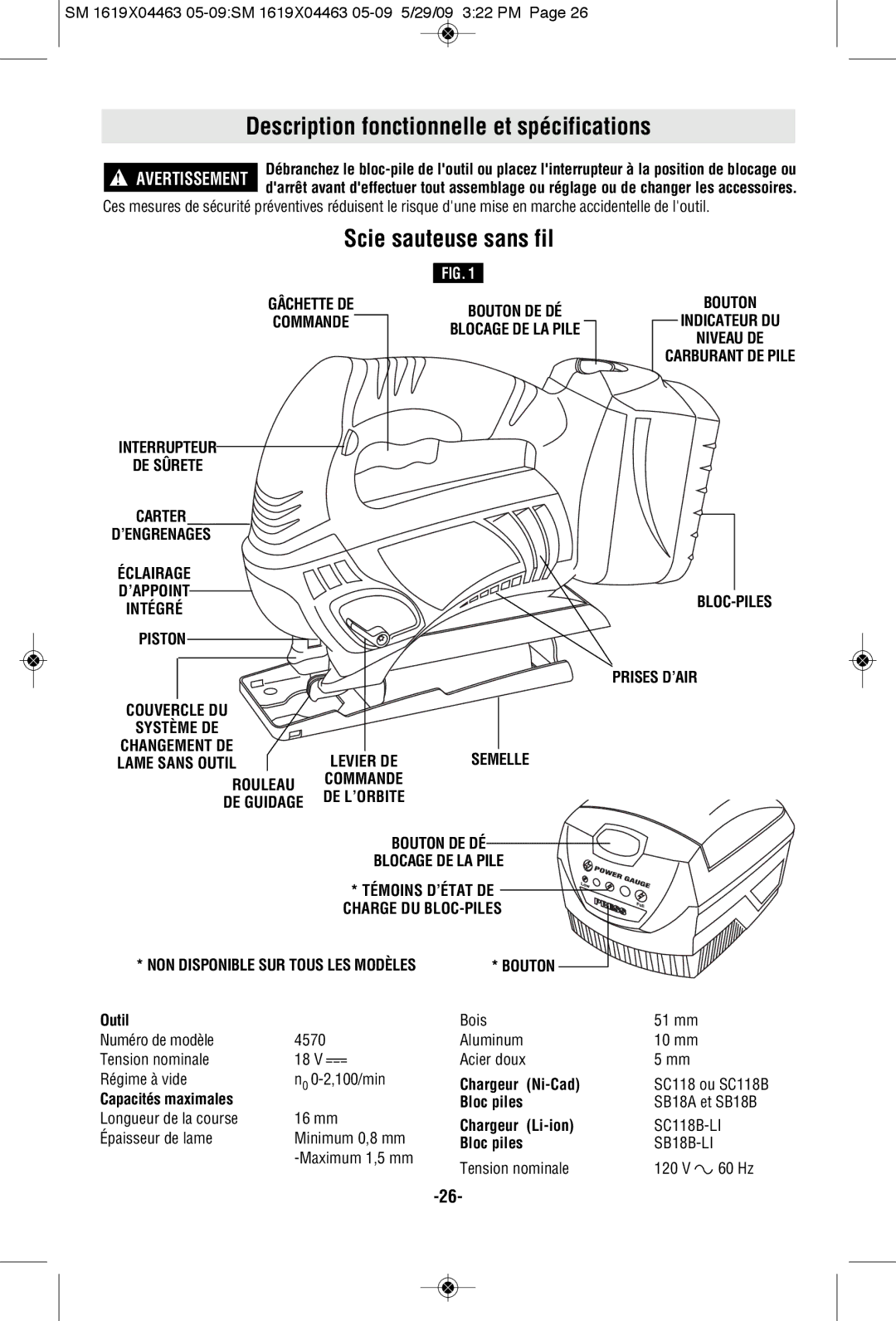 Skil 4570 manual Description fonctionnelle et spécifications, Scie sauteuse sans fil, NON Disponible SUR Tous LES Modèles 