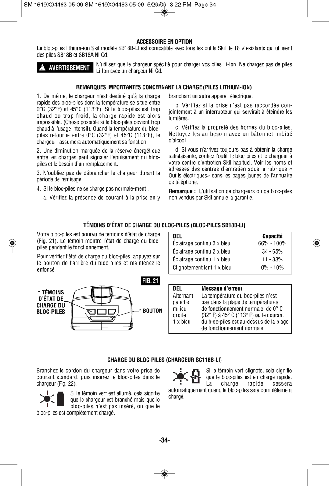 Skil 4570 manual Accessoire EN Option, Témoins D’ÉTAT DE Charge DU BLOC-PILES BLOC-PILES SB18B-LI, Del, Message d’erreur 