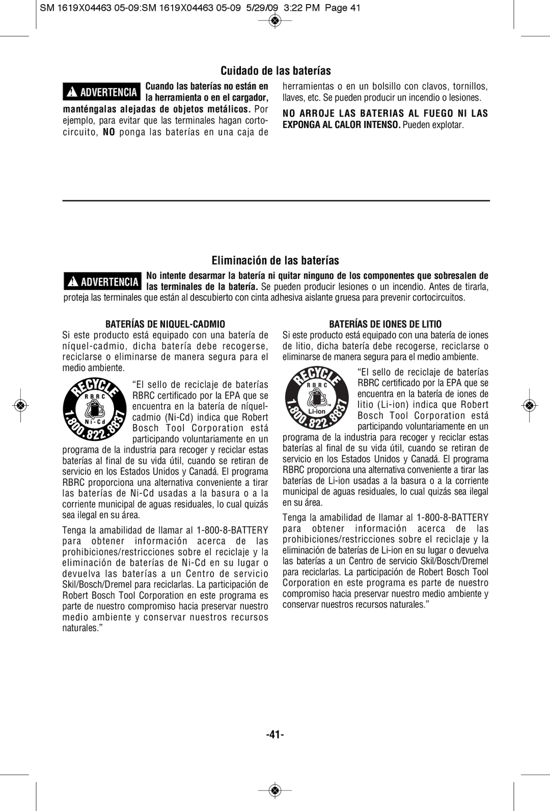 Skil 4570 Cuidado de las baterías, Eliminación de las baterías, Baterías DE NIQUEL-CADMIO, Baterías DE Iones DE Litio 