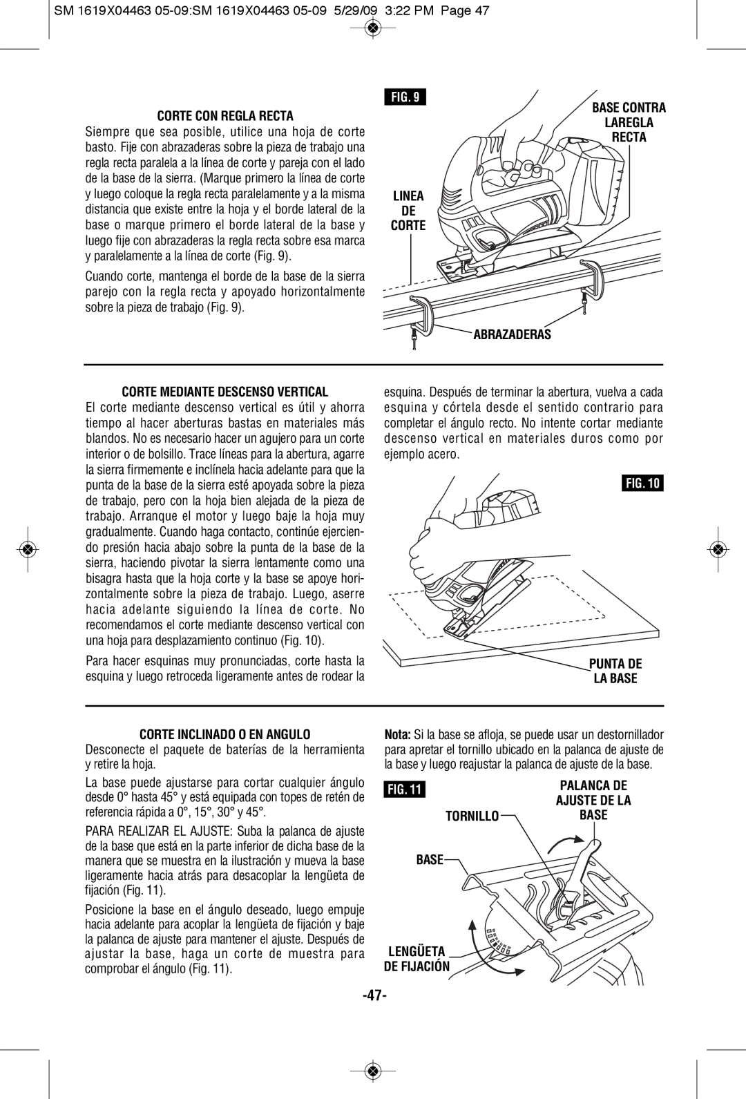 Skil 4570 manual Corte CON Regla Recta, Punta DE LA Base Corte Inclinado O EN Angulo, Tornillo, Base Lengüeta DE Fijación 