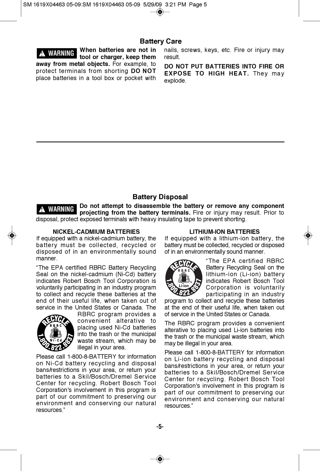 Skil 4570 manual Battery Care, Battery Disposal, NICKEL-CADMIUM Batteries, LITHIUM-ION Batteries 