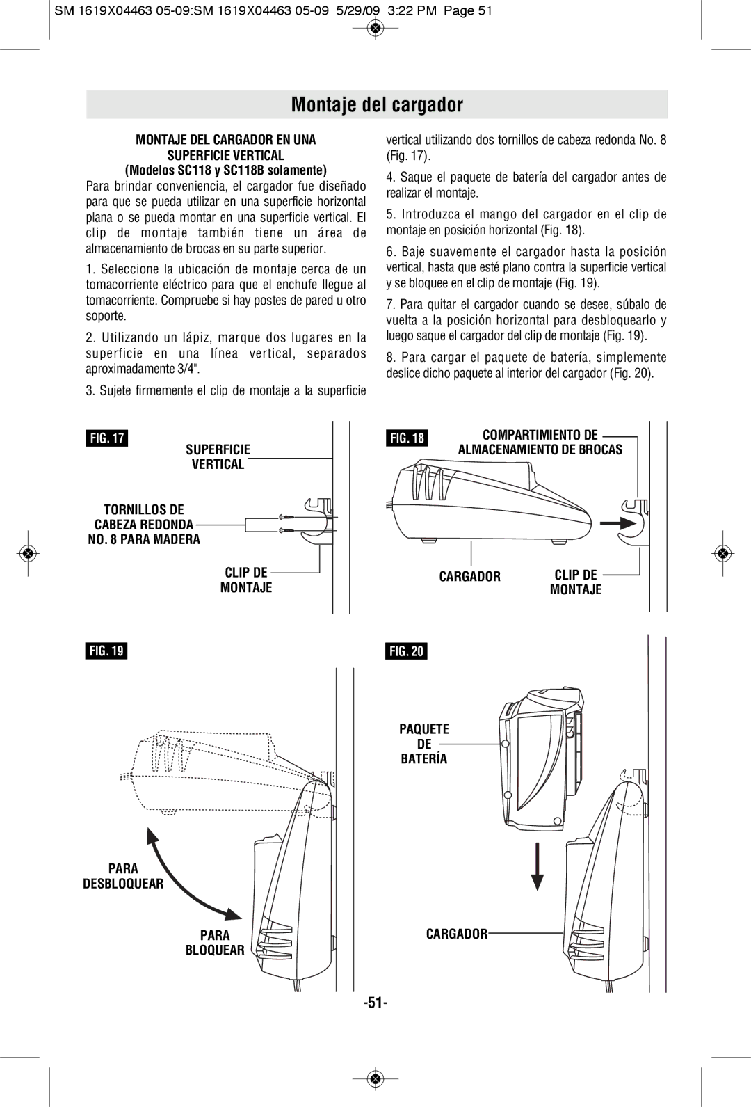 Skil 4570 manual Montaje del cargador, Montaje DEL Cargador EN UNA Superficie Vertical, Modelos SC118 y SC118B solamente 