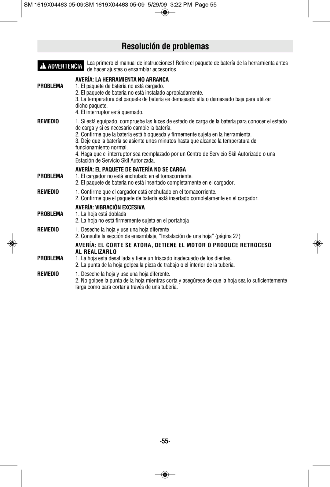 Skil 4570 manual Resolución de problemas, Avería LA Herramienta no Arranca, Avería EL Paquete DE Batería no SE Carga 