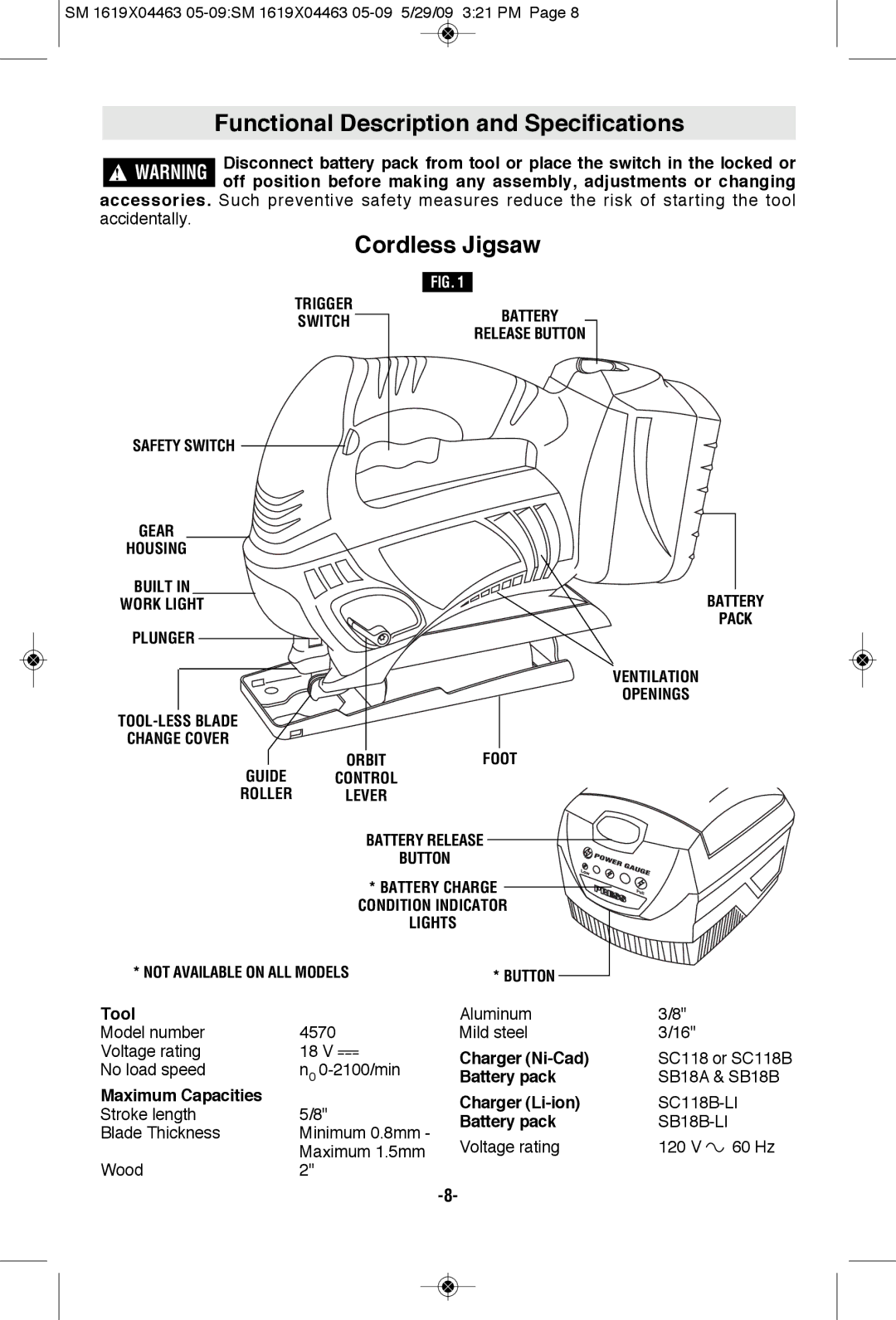 Skil 4570 manual Functional Description and Specifications, Cordless Jigsaw, Foot, Battery Pack 