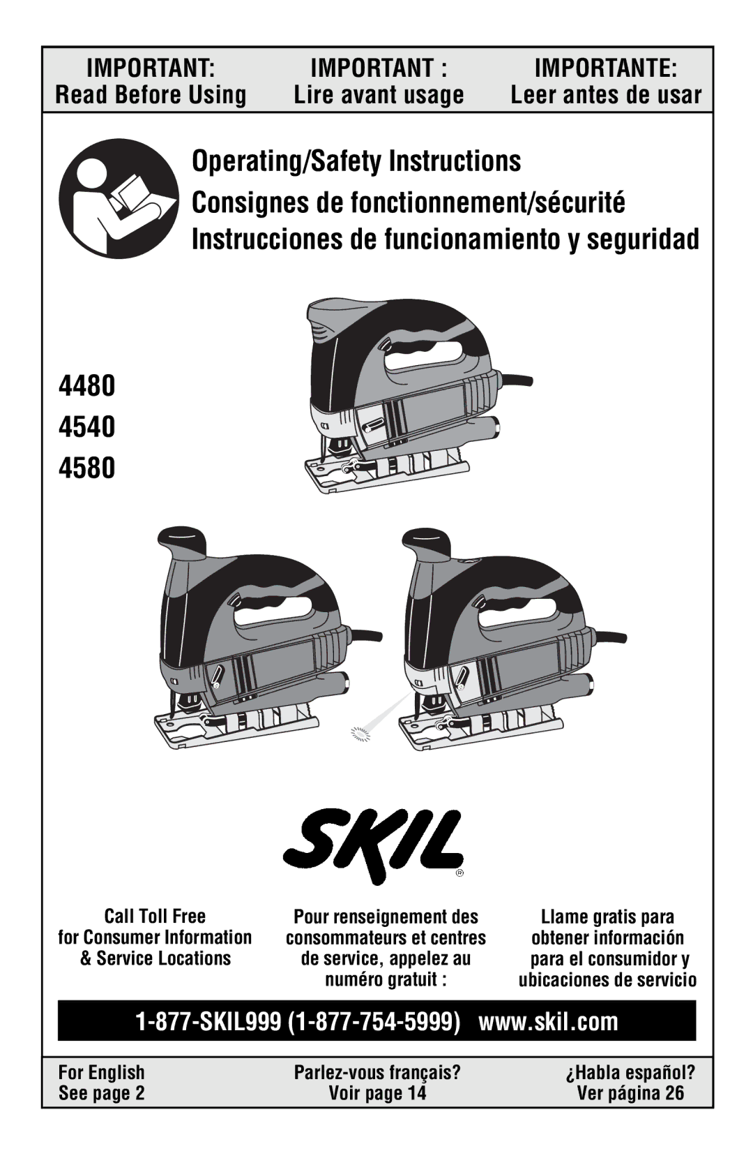 Skil 4540, 4580, 4480 manual For English, See, ¿Habla español?, Voir Ver página 