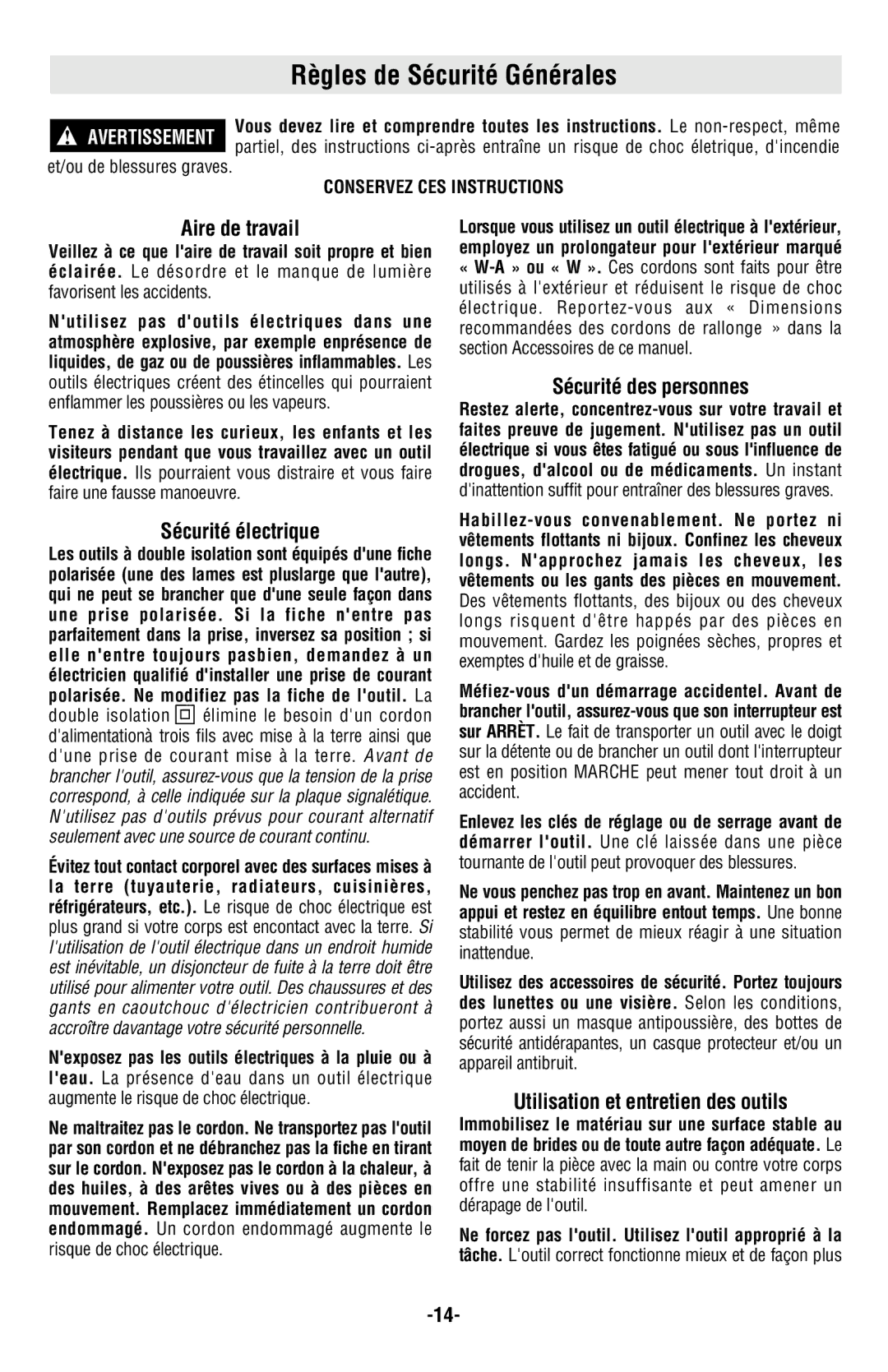 Skil 4480, 4580, 4540 manual Règles de Sécurité Générales, Aire de travail, Sécurité électrique, Sécurité des personnes 