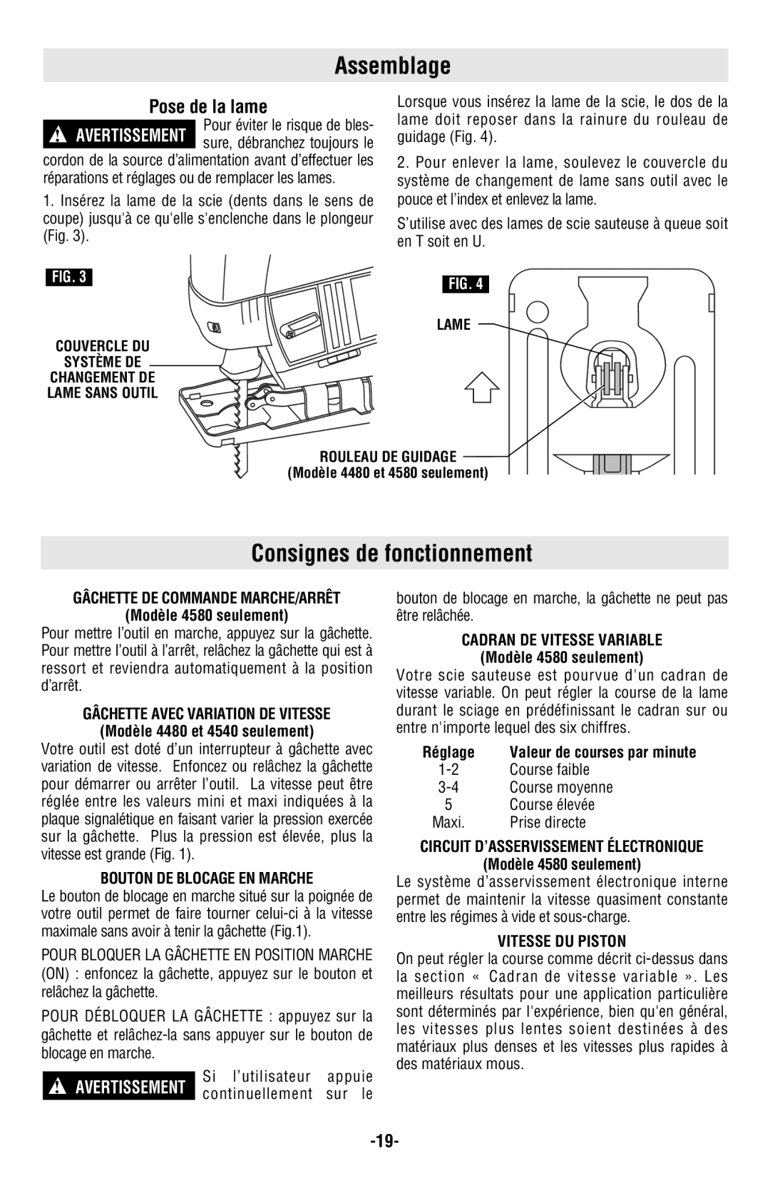 Skil 4540, 4580, 4480 manual Assemblage, Consignes de fonctionnement, Pose de la lame 