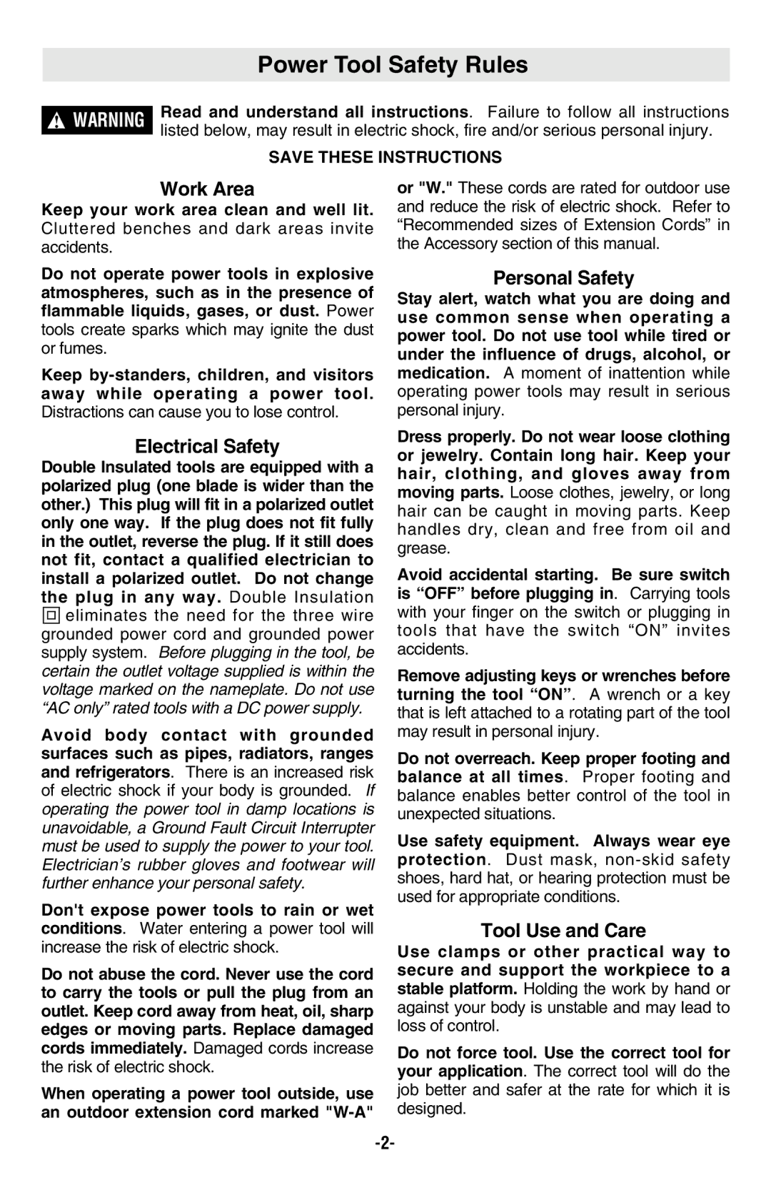 Skil 4480, 4580, 4540 manual Power Tool Safety Rules, Work Area, Electrical Safety, Personal Safety, Tool Use and Care 