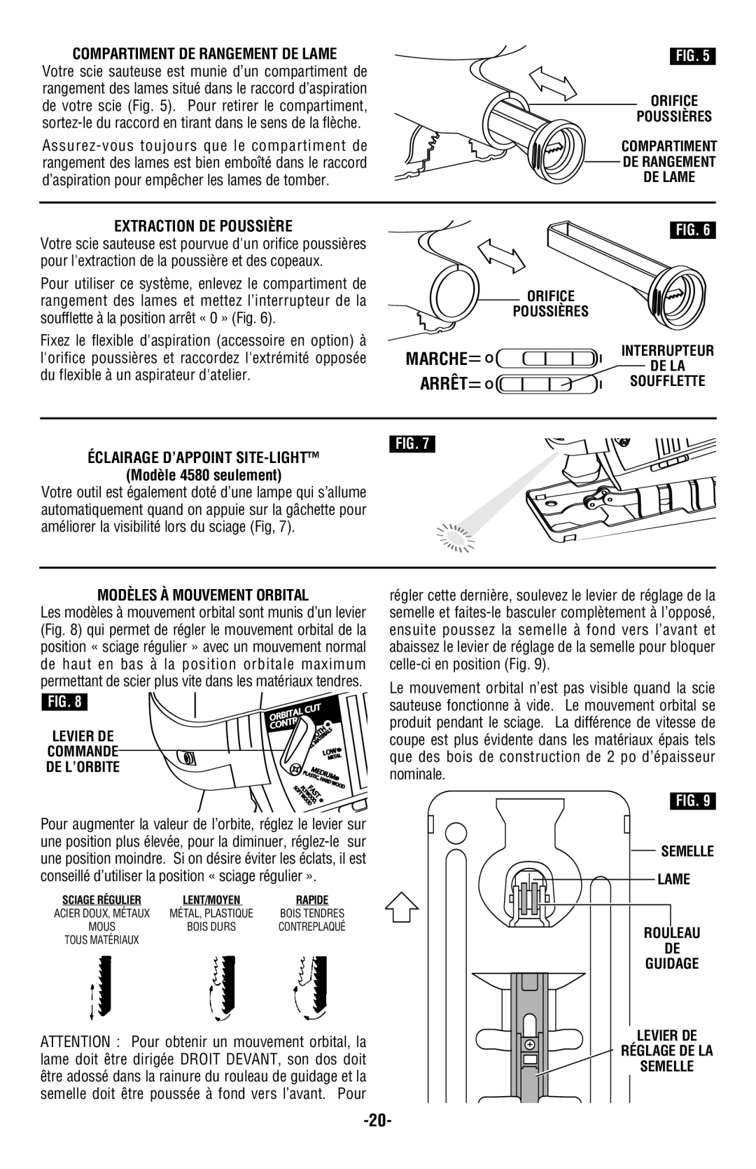 Skil 4480, 4580, 4540 manual Compartiment DE Rangement DE Lame, Extraction DE Poussière, Éclairage D’APPOINT SITE-LIGHT 