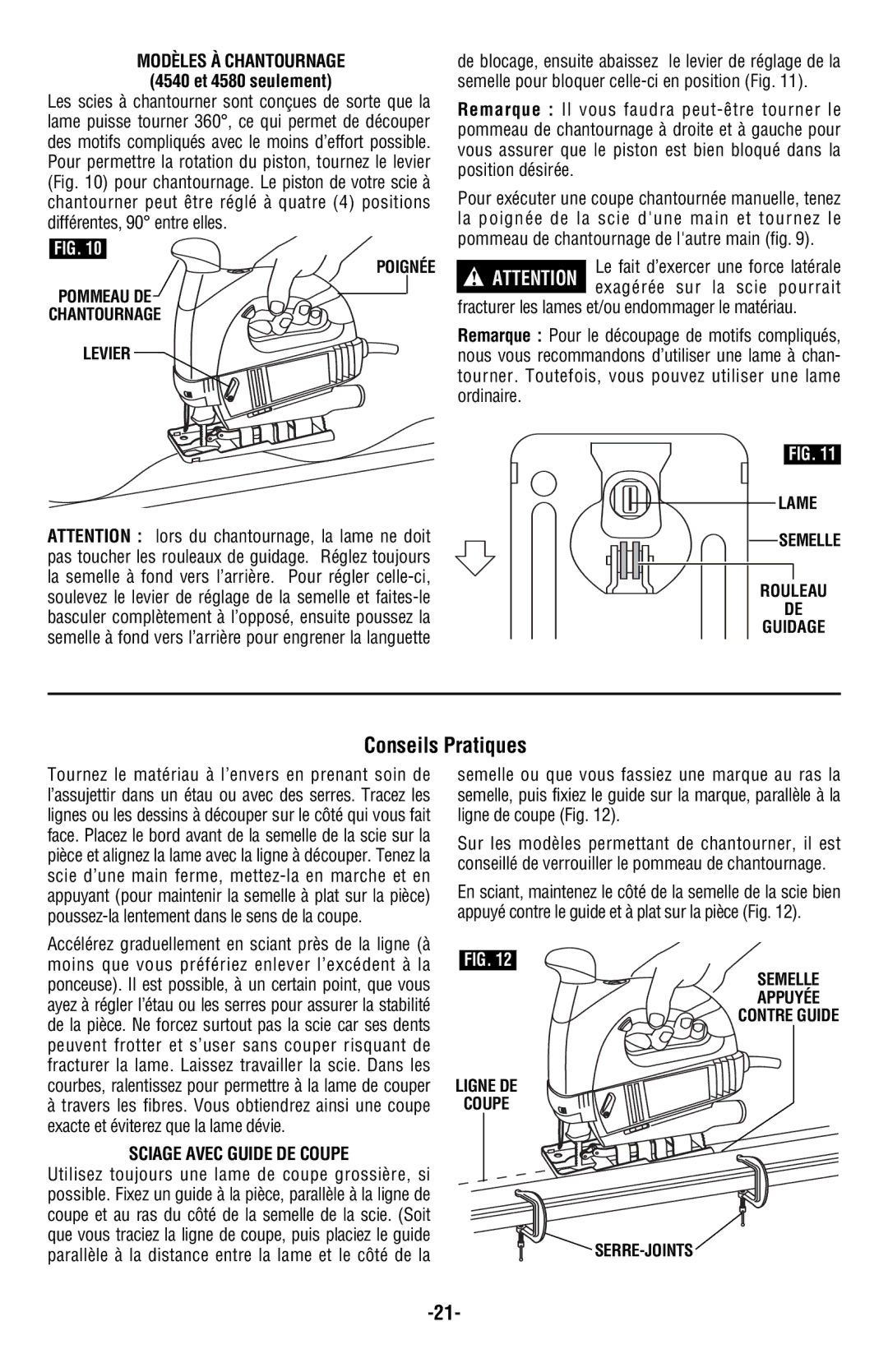 Skil 4480 manual Conseils Pratiques, Modèles À Chantournage, 4540 et 4580 seulement, Sciage Avec Guide DE Coupe 