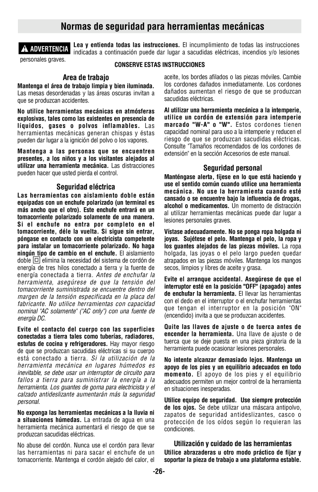 Skil 4480, 4580 Normas de seguridad para herramientas mecánicas, Area de trabajo, Seguridad eléctrica, Seguridad personal 