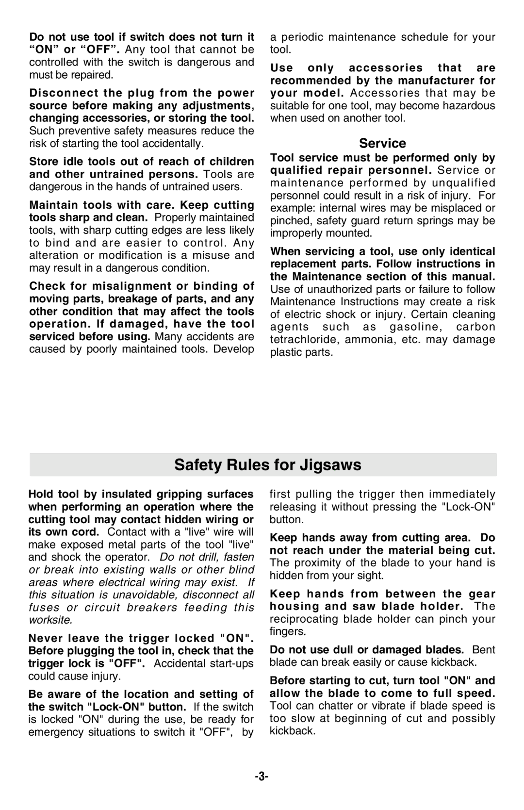 Skil 4580, 4540, 4480 manual Safety Rules for Jigsaws, Service 