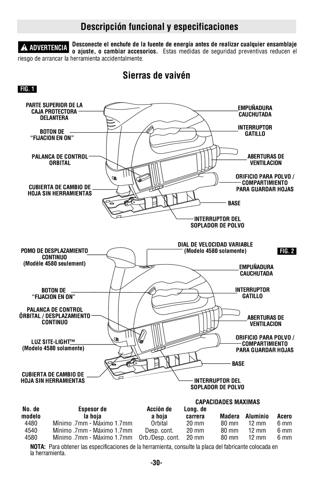 Skil 4580, 4540, 4480 manual Descripción funcional y especificaciones, Sierras de vaivén, Capacidades Maximas 