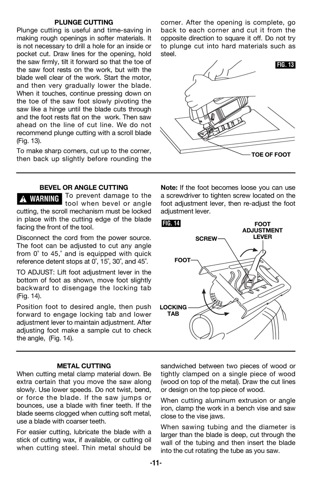 Skil 4680 manual Plunge Cutting, Bevel or Angle Cutting, Metal Cutting 