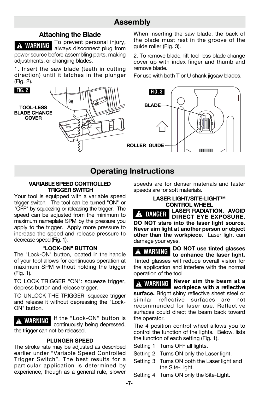 Skil 4680 manual Assembly, Operating Instructions, Variable Speed Controlled Trigger Switch, LOCK-ON Button, Plunger Speed 