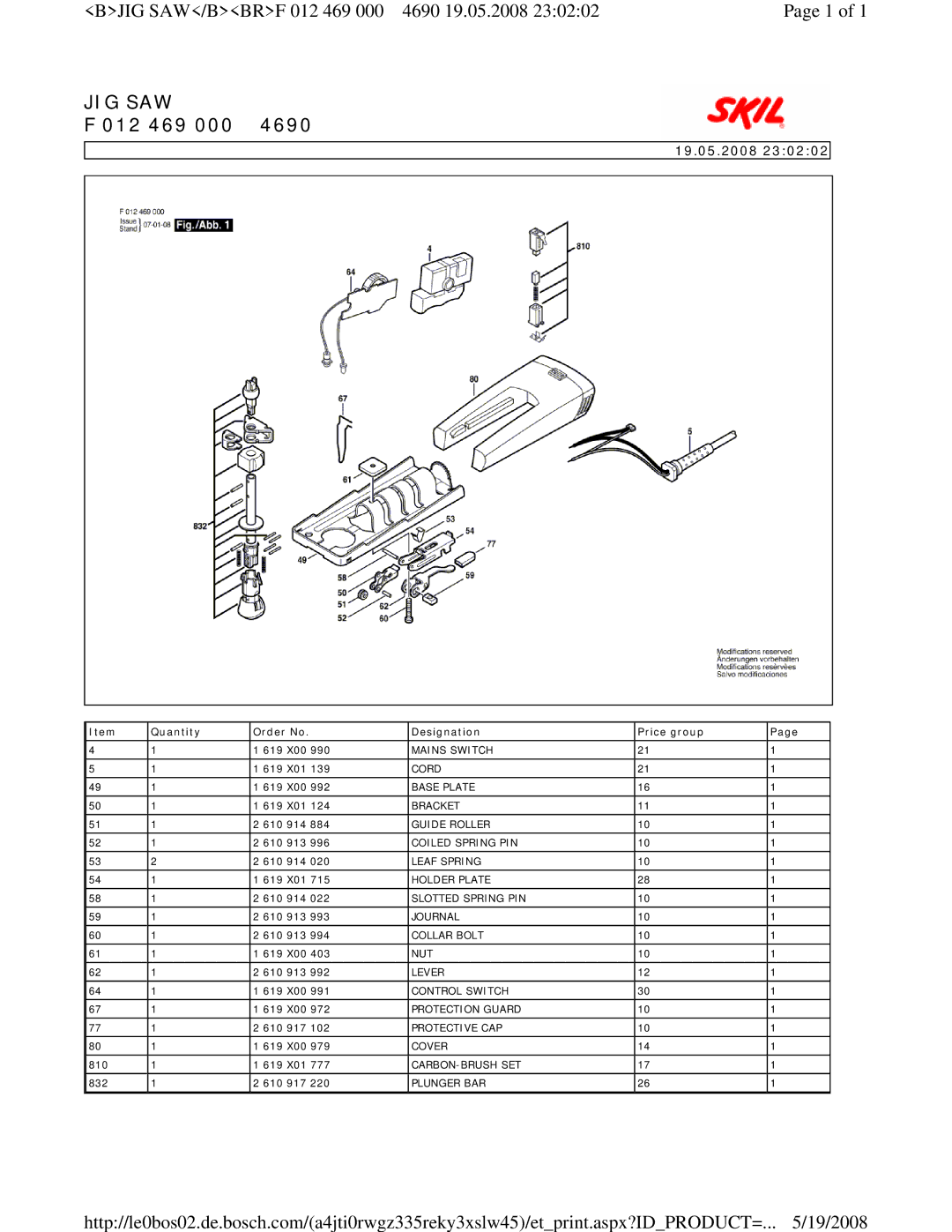 Skil 4690 manual Jig Saw, 012 469 000, 19.05.2008, Quantity Order No Designation Price group 