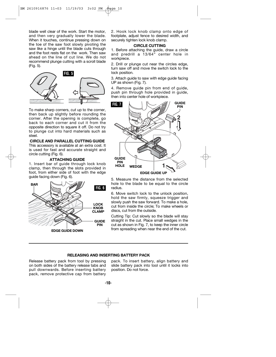 Skil 52318, 52324, 52314 manual Attaching Guide, Circle Cutting, Releasing and Inserting Battery Pack 