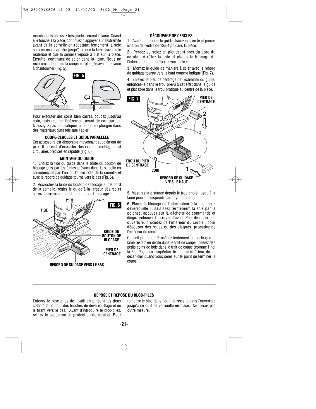 Skil 52324, 52318 COUPE-CERCLES ET Guide Parallèle, Montage DU Guide, Découpage DE Cercles, Dépose ET Repose DU BLOC-PILES 