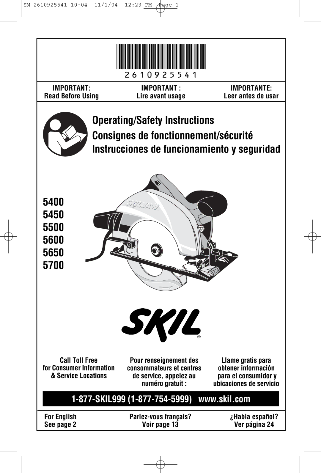 Skil 5400 manual Call Toll Free, Read Before Using Lire avant usage, ¿Habla español?, Voir Ver página 