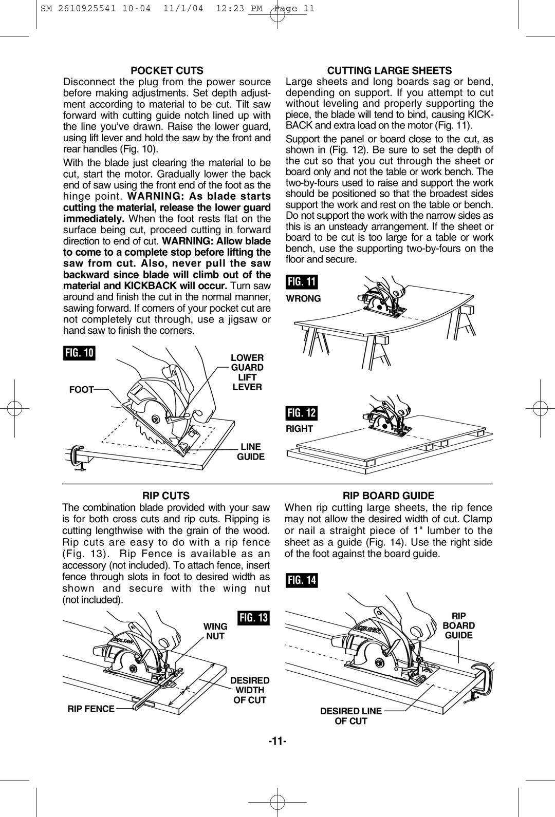 Skil 5400 manual Pocket Cuts, Cutting Large Sheets, RIP Cuts, RIP Board Guide 