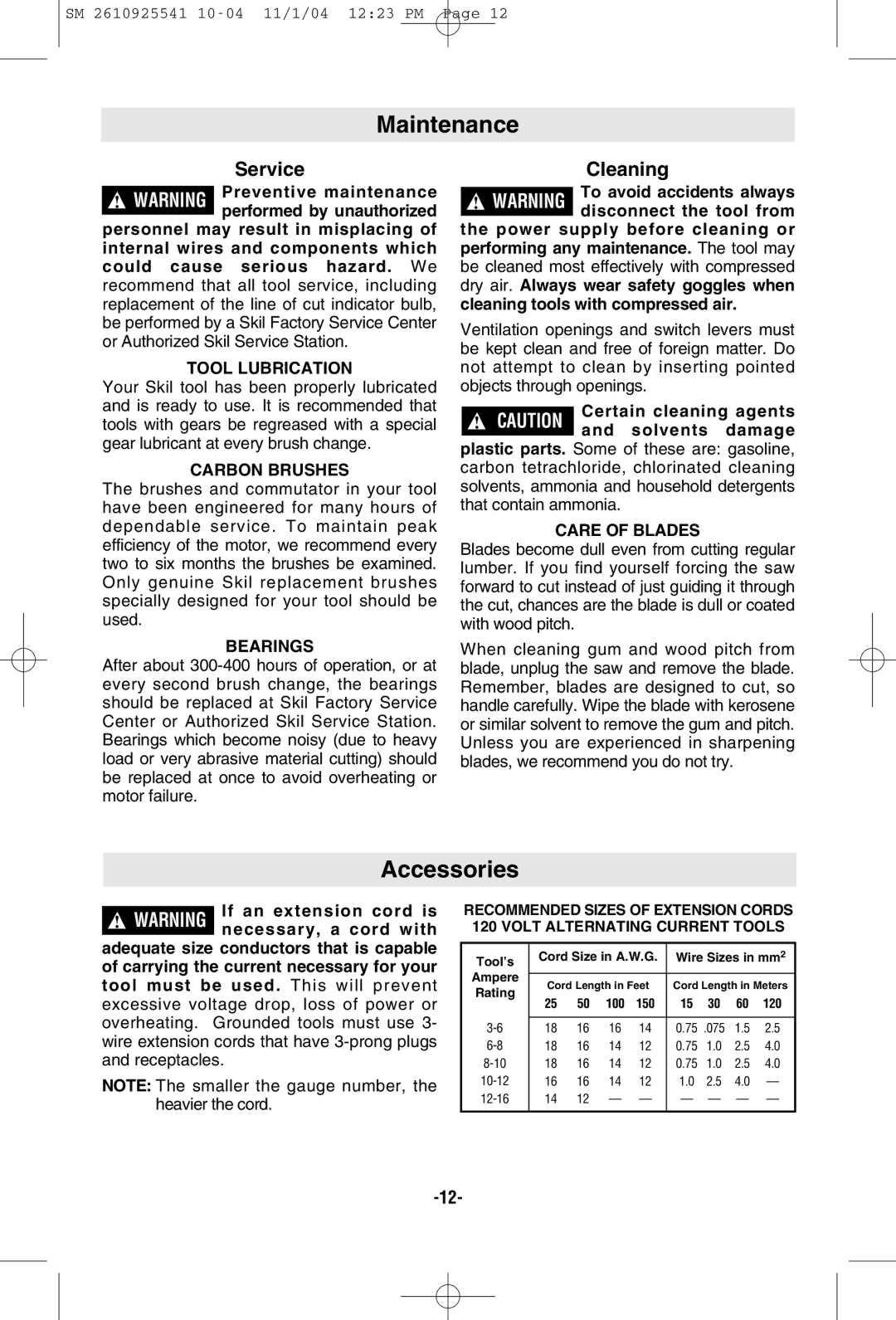 Skil 5400 manual Maintenance, Accessories 