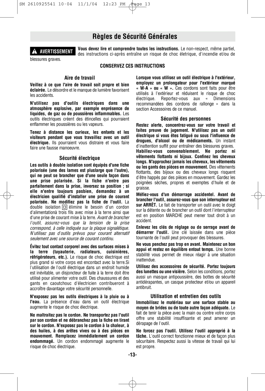 Skil 5400 manual Règles de Sécurité Générales, Aire de travail, Sécurité électrique, Sécurité des personnes 