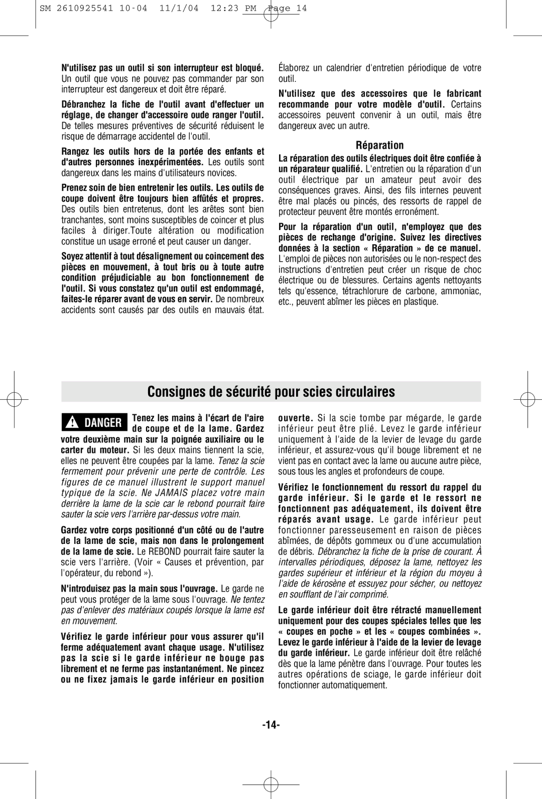 Skil 5400 manual Consignes de sécurité pour scies circulaires, Réparation 