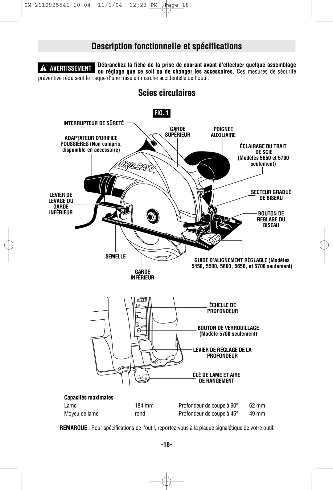 Skil 5400 manual Description fonctionnelle et spécifications, Capacités maximales 