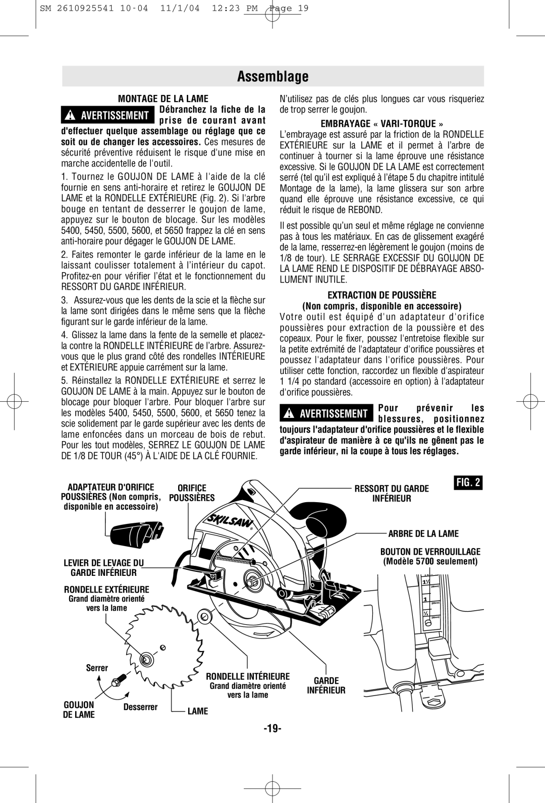 Skil 5400 manual Assemblage, Montage DE LA Lame, Embrayage « VARI-TORQUE », Extraction DE Poussière 