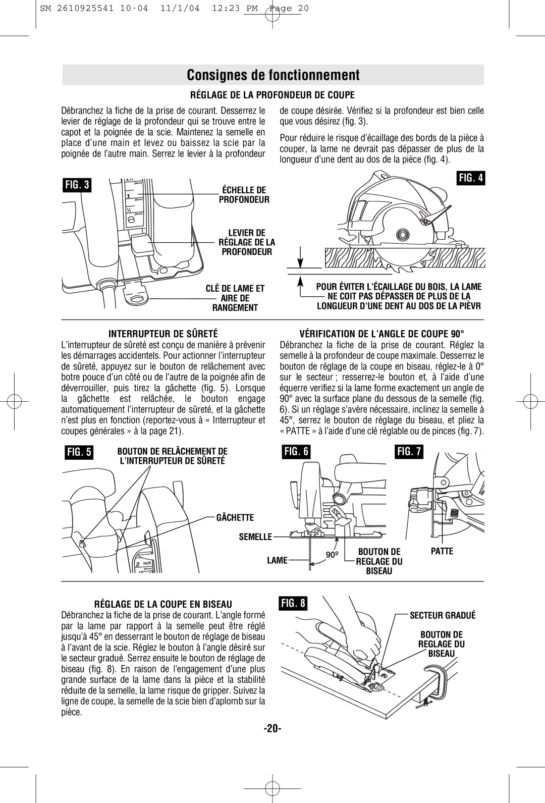 Skil 5400 manual Consignes de fonctionnement, Réglage DE LA Profondeur DE Coupe, Interrupteur DE Sûreté 