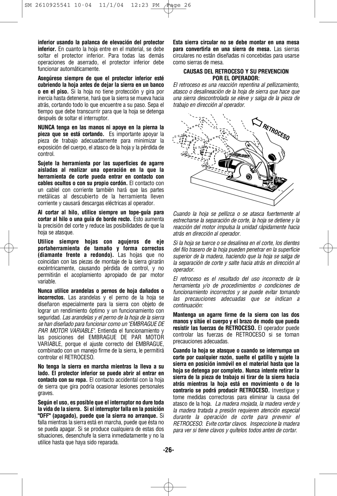 Skil 5400 manual Causas DEL Retroceso Y SU Prevencion POR EL Operador 