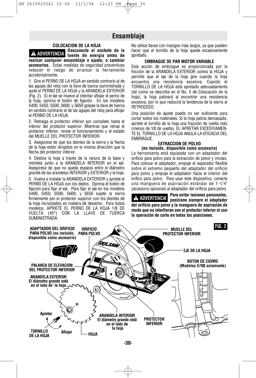 Skil 5400 manual Ensamblaje, Colocacion DE LA Hoja, Embrague DE PAR Motor Variable, Extraccion DE Polvo 