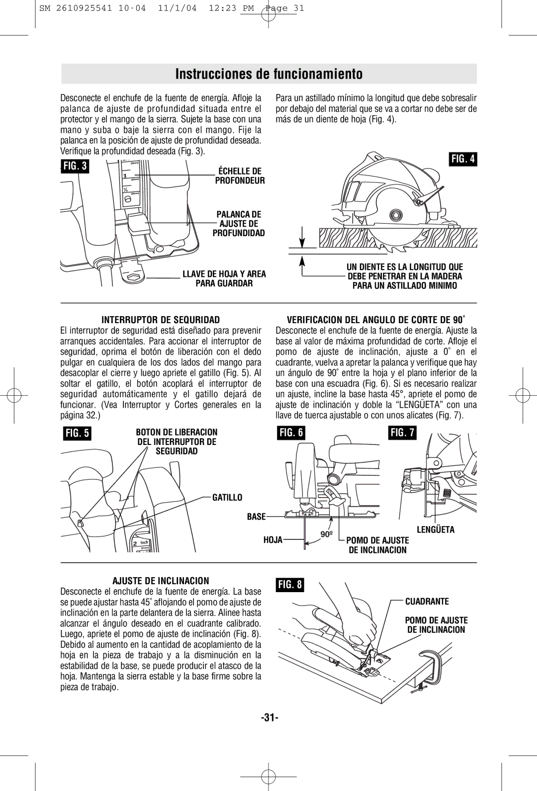 Skil 5400 manual Instrucciones de funcionamiento, Interruptor DE Sequridad, Ajuste DE Inclinacion 