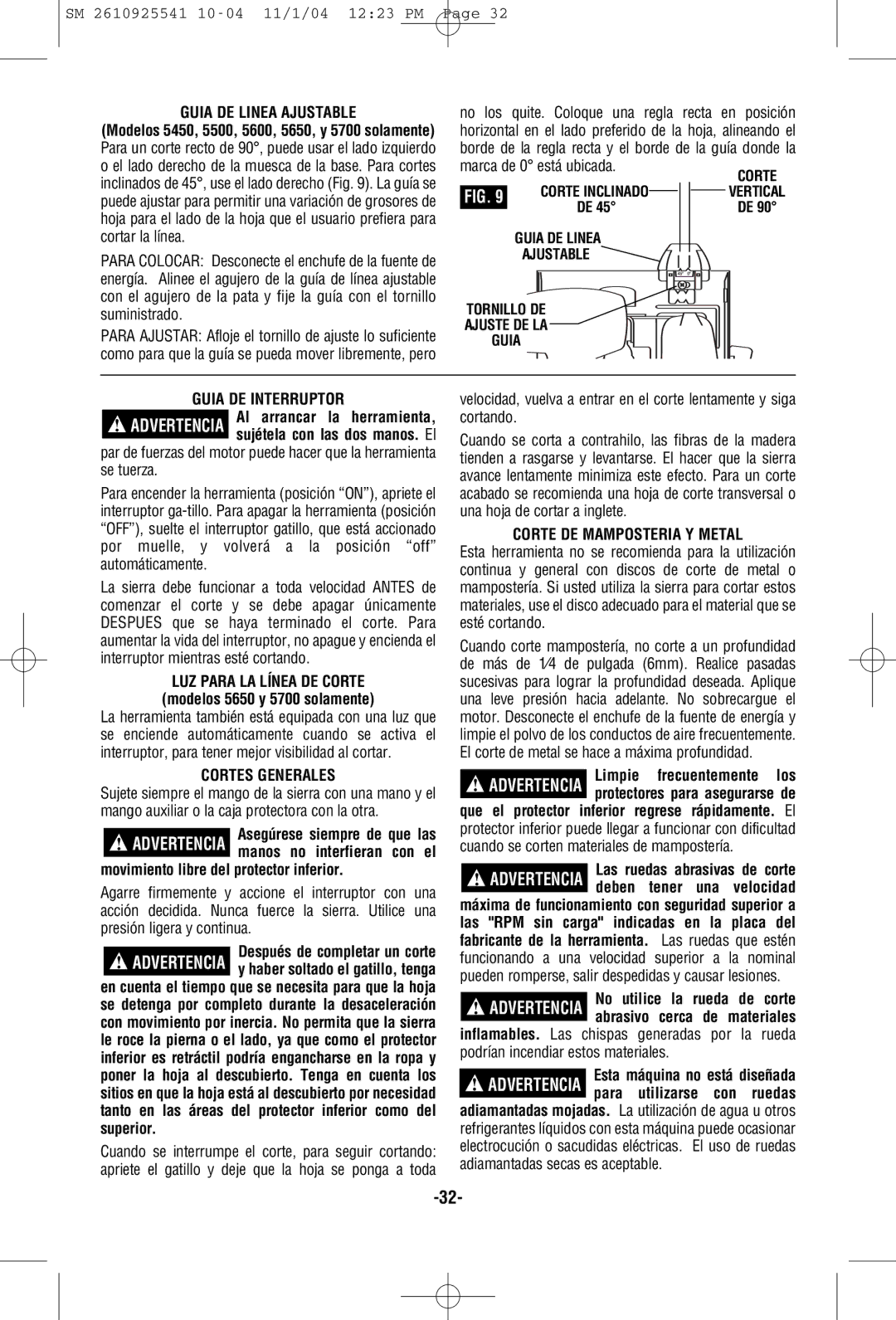 Skil 5400 manual Guia DE Linea Ajustable, Guia DE Interruptor, Cortes Generales, Movimiento libre del protector inferior 