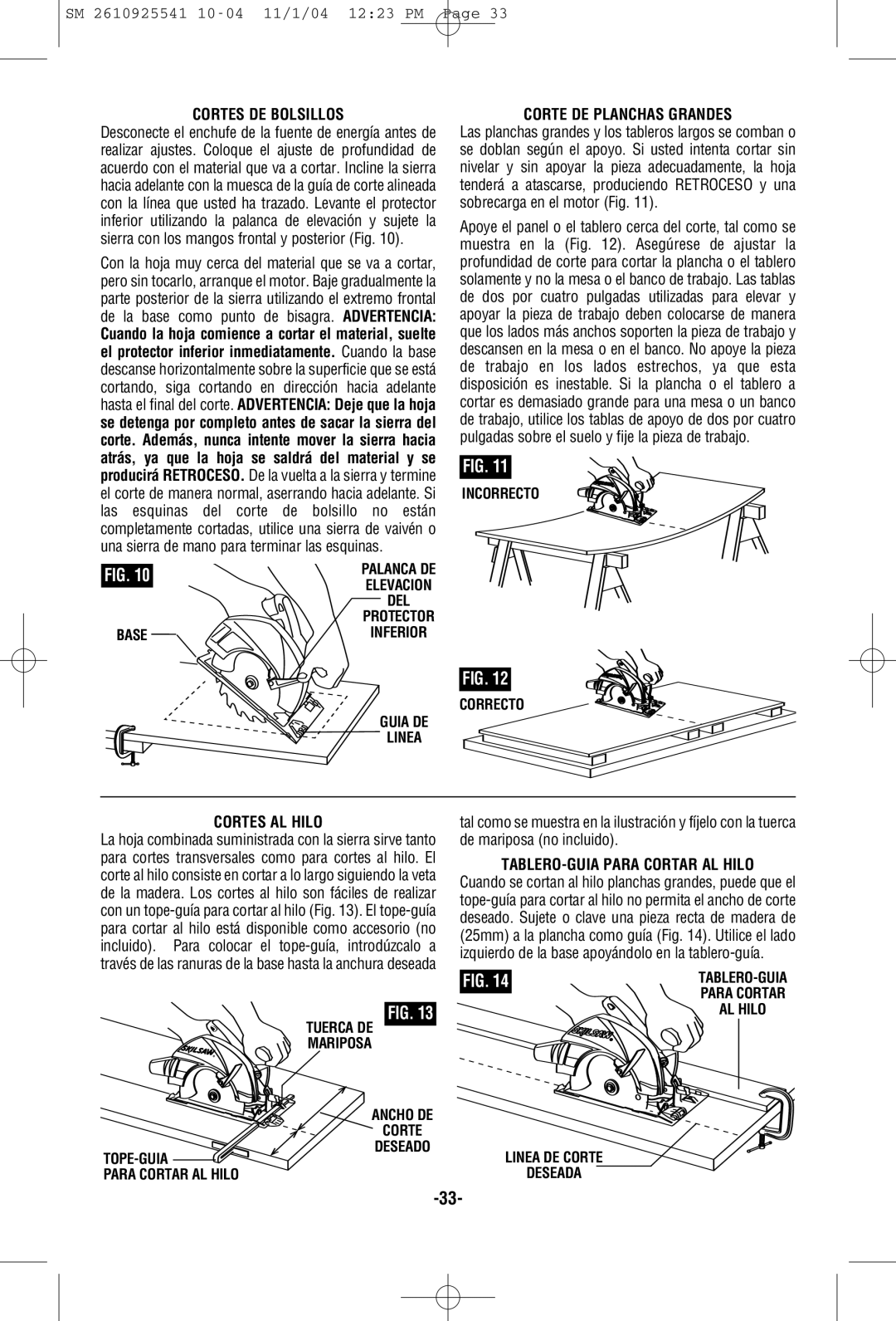 Skil 5400 manual Cortes DE Bolsillos, Corte DE Planchas Grandes, Cortes AL Hilo, TABLERO-GUIA Para Cortar AL Hilo 