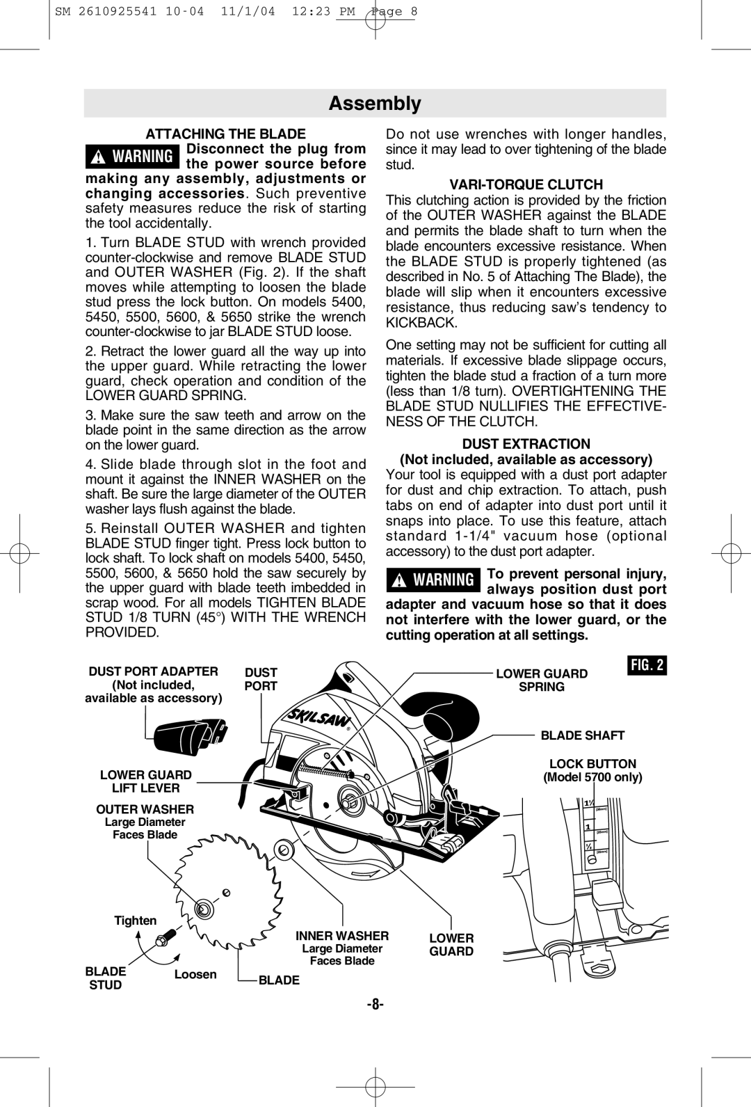 Skil 5400 manual Assembly, Attaching the Blade, VARI-TORQUE Clutch, Dust Extraction 