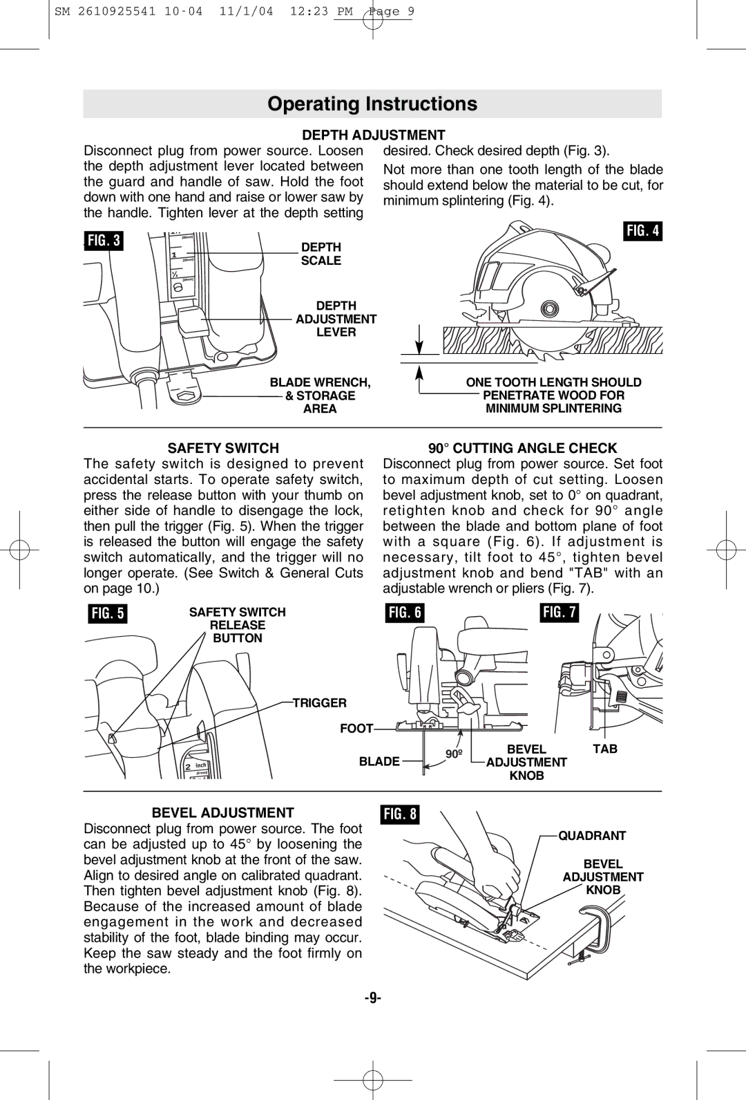 Skil 5400 manual Operating Instructions, Depth Adjustment, Safety Switch 