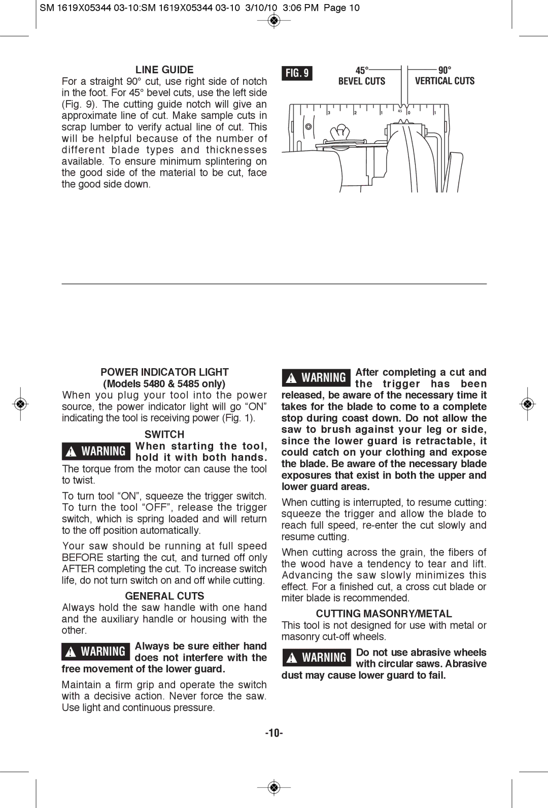 Skil 5380, 5480, 5385, 5485 manual Switch, General Cuts 