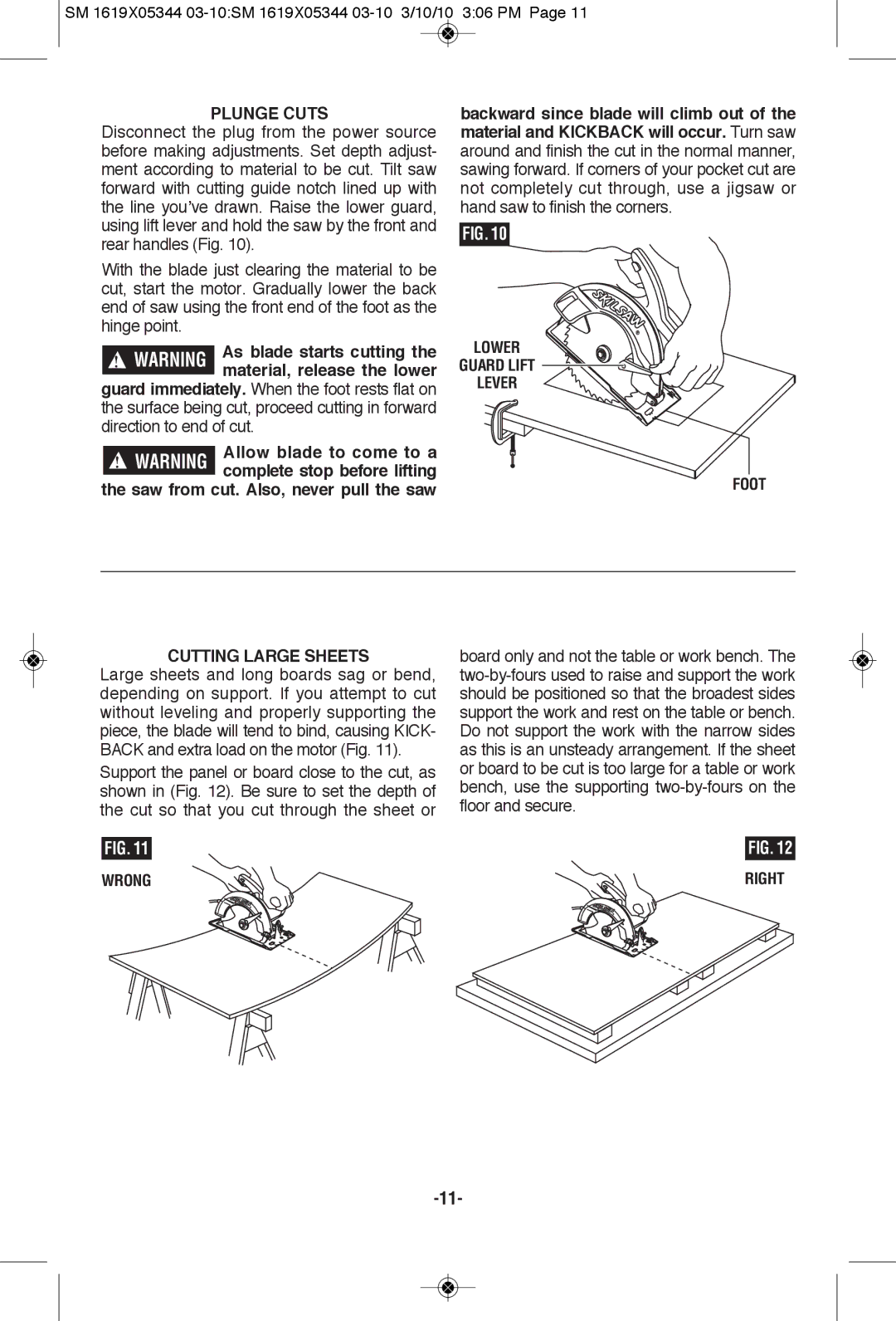 Skil 5485, 5480, 5385, 5380 manual Plunge Cuts, Lower Guard Lift Lever Foot Cutting Large Sheets 