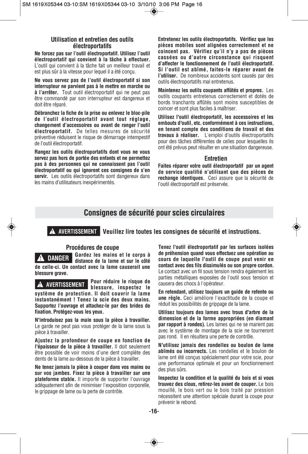 Skil 5480 Consignes de sécurité pour scies circulaires, Utilisation et entretien des outils Électroportatifs, Entretien 