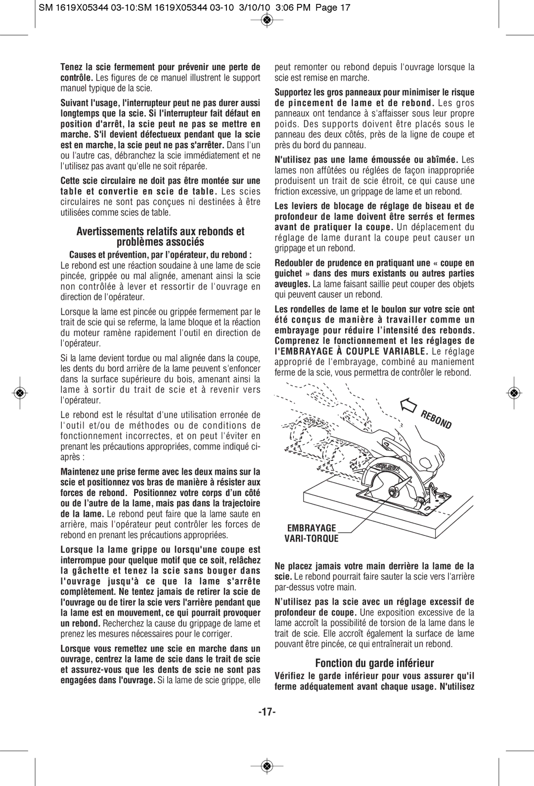 Skil 5385, 5480, 5380, 5485 manual Problèmes associés, Fonction du garde inférieur, Embrayage VARI-TORQUE 